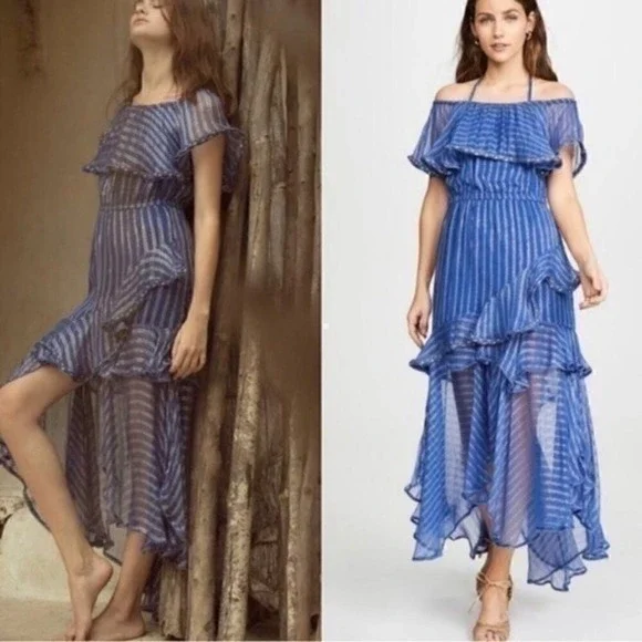 Misa Los Angeles Dress Blue Gold Medium Ambrosia Ruffle Hem Boho Festival NEW - Picture 16 of 16